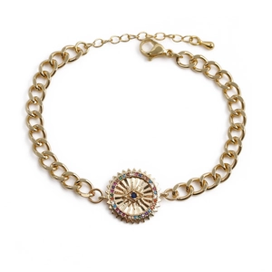 Golden Cuban chain bracelet with colorful zircon Evil Eye sunburst pendant and lobster clasp