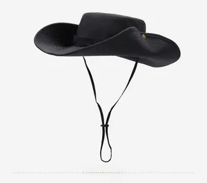 Detail view of black western style sun hat with wide brim and adjustable chin strap