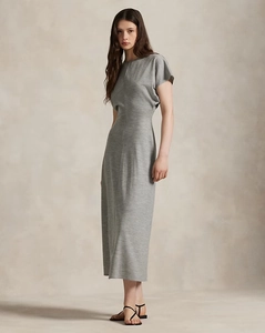 Detailed texture of grey knit midi dress with cinched waist and short sleeves