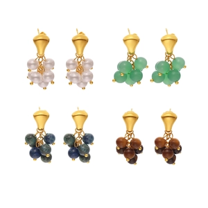 Elegant gold drop earrings with pearl, tiger eye and stone bead clusters in four colors