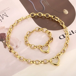Stainless Steel Heart Pendant Necklace Bracelet And Earrings Fashion Jewelry Bold Chain Polished Elegant For Women