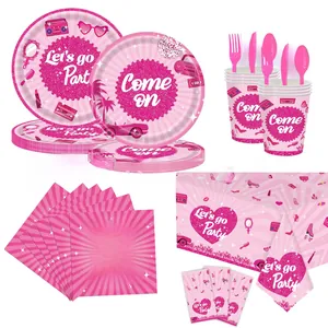 Pink retro Y2K party tableware set with disco ball patterns for girls birthday decor