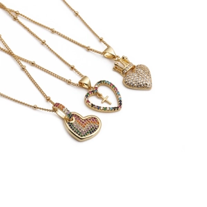 Heart Pendant Necklace Copper Gold Plated Rainbow Cubic Zirconia Crown Cross Jewelry Fashion Romantic Gift For Women