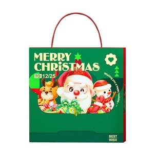 Christmas gift bag with Santa and reindeer cartoon patterns and red rope handles