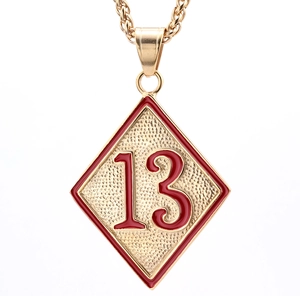 Golden diamond pendant with red number 13 and hammer-textured finish on stainless steel