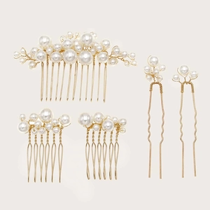 5-piece bridal vintage baroque pearl hair comb and pin set in gold wire design