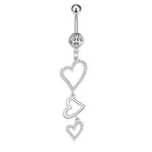 Detail of silver belly ring featuring three dangling hearts with sparkling cubic zirconia