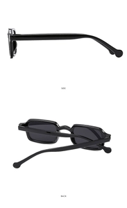 Detailed side and back views of vintage square black sunglasses with slim temples