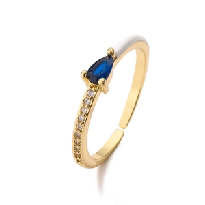 Elegant 18K gold plated ring with blue teardrop stone, white enamel and zircons