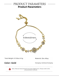 Detail showing gold tone crystal flower bracelet dimensions 20.4cm and weight 4.5g
