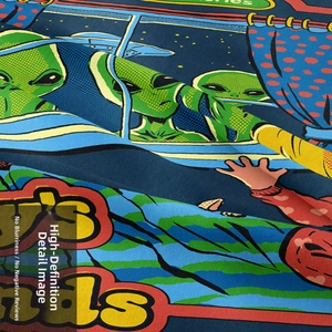 Dettaglio della trama del tessuto con stampa aliena a fumetti in stile pop art
