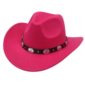 Vibrant pink western cowboy felt hat decorated with silver concho and stud leather band