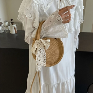 Round Straw Bag Handwoven Summer Beach Crossbody Handbag With Lace Bow And Artificial Pearl Decoration Elegant Boho Purse For Women