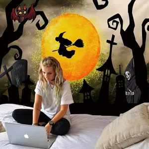 Tapisserie murale Halloween avec silhouette de sorcière et chauves-souris pour chambre