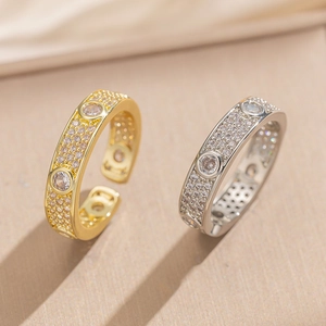 Adjustable Open Ring Copper 18K Gold Plated Full Cubic Zirconia Inlay Geometric Fashion Jewelry For Women