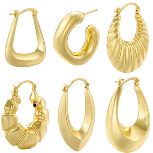 Vintage Chunky Brass Hoop Earrings Geometric Hollow Gold Plated Smooth C Shape Minimalist Retro Jewelry For Women