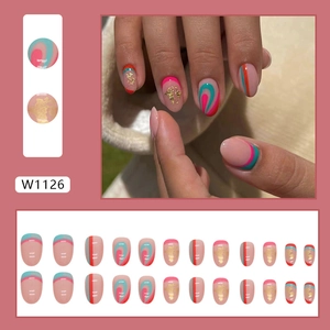 Oval press-on nails with red, green abstract swirls and gold foil accents, 24-piece set
