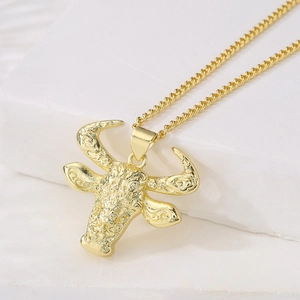 Bull Head Pendant Necklace Copper Gold Plated With Zircon Hip Hop Punk Streetwear Jewelry For Women And Men