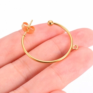Polished gold-plated stainless steel C-shaped earring hoop with pin and hanging loop