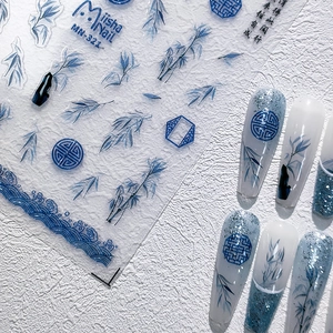 Blue Chinoiserie nail art stickers with embossed bamboo and wave patterns for manicures