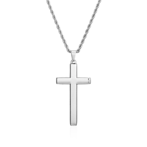 Silver stainless steel cross pendant necklace featuring a polished twisted chain design