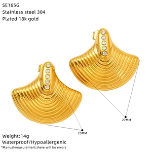 Détail de boucles d'oreilles éventail en acier doré avec dimensions 25x27mm