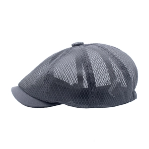 Dark grey mesh newsboy cap for summer, breathable sun protection hat in side view profile