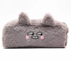 Macro detail of plush lavender pencil case featuring cute embroidered animal face and ears