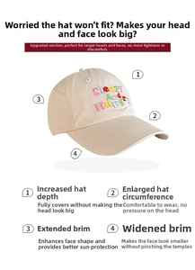 Detail view of beige baseball cap featuring Sleepy And Hungry embroidery and wide brim design