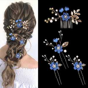 Blue flower bridal hair accessory set with gold leaves, pearls and crystal hair pins