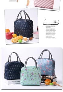 Three Japanese-style thermal lunch bags with flamingo and arrow patterns for office and school