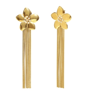 18K gold plated stainless steel flower stud earrings with long metal tassels and pearls