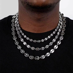 Men's silver multilayered 8mm coffee bean link necklace in stainless steel on model