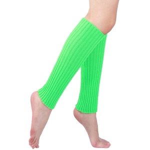 Close-up of neon green knitted leg warmers showing detailed ribbing texture and vibrant color