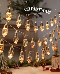Macro view of warm LED Christmas wish bulb with miniature snowman and tree inside