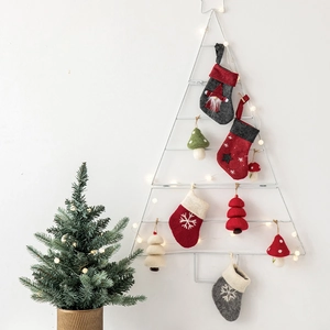 Christmas wool felt ornaments set featuring mini stockings, mushrooms, and trees with LED lights