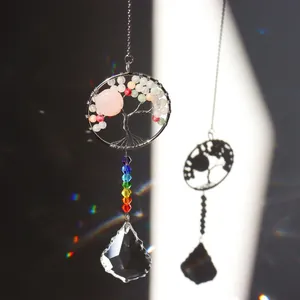 Rainbow crystal tree of life suncatcher hanging pendant with teardrop prism and colorful beads