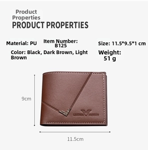 Detailed size specifications for a slim men's PU leather wallet with triple color options