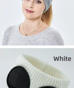 Macro detail of white ribbed knit aviator beanie with decorative goggles and lens frame