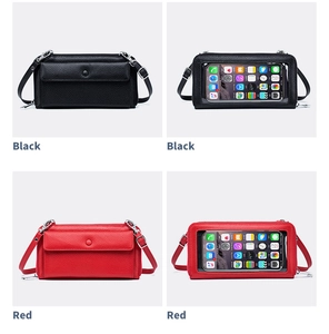 Crossbody phone bag with touch screen window showing black and red color options