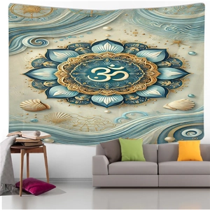 Détail de la tapisserie Mandala bleue et dorée avec symbole Om et art sacré de l'océan