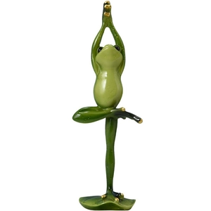 Green resin yoga frog figurine in tree pose, minimalist glass art ornament for home decor