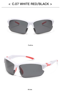 Detailed view of white and red cycling sunglasses with polarized lenses from two angles