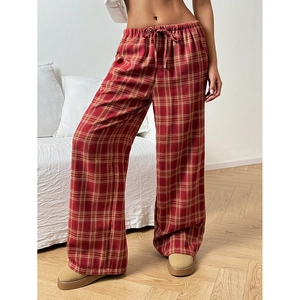 Retro red plaid wide-leg trousers with elastic drawstring waist and loose casual fit