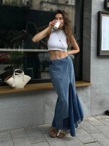 Patchwork Denim Skirt High Waist Irregular Frayed Hem Color Block Streetwear Long Midi Cotton Bottoms For Women