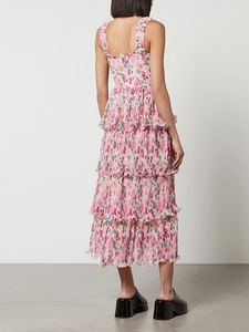 Detail of floral tiered maxi dress with ruched back and layered ruffle skirt design
