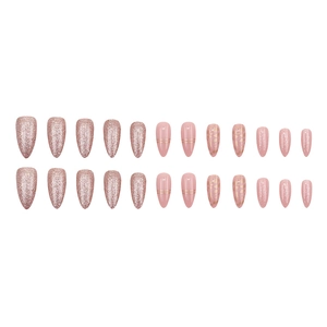 Glittery pink and marble pattern almond press-on nails set with gold accents, 24 pieces