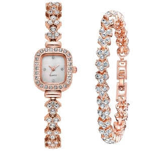 Women Quartz Watch And Bracelet Square Dial Full Rhinestone Alloy Luxury Elegant Fashion Wristwatch