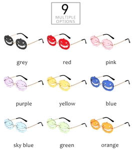 Detailed 3x3 grid showing pumpkin shaped rimless sunglasses in nine vibrant colors