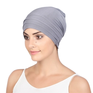 Fashionable grey pleated turban hat for women, soft headwear for hair care and style